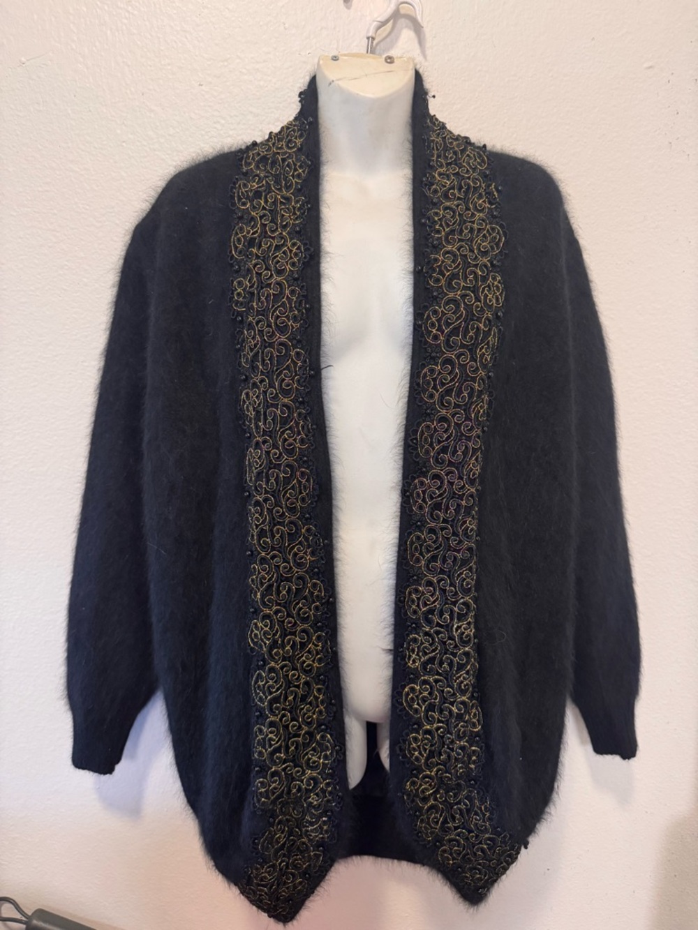 Vintage Black Fuzzy Cardigan w/ Gold Beaded Trim – Soft Angora Style Open Front